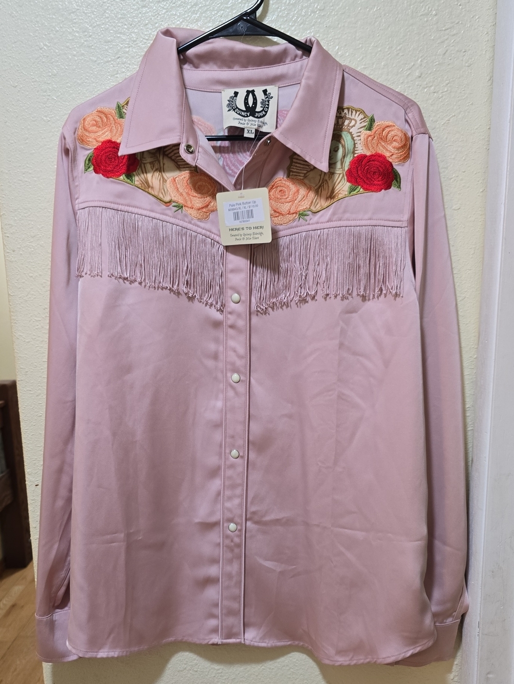 Rodeo Quincy Fringe Western Shirt with Floral Embroidery-pink